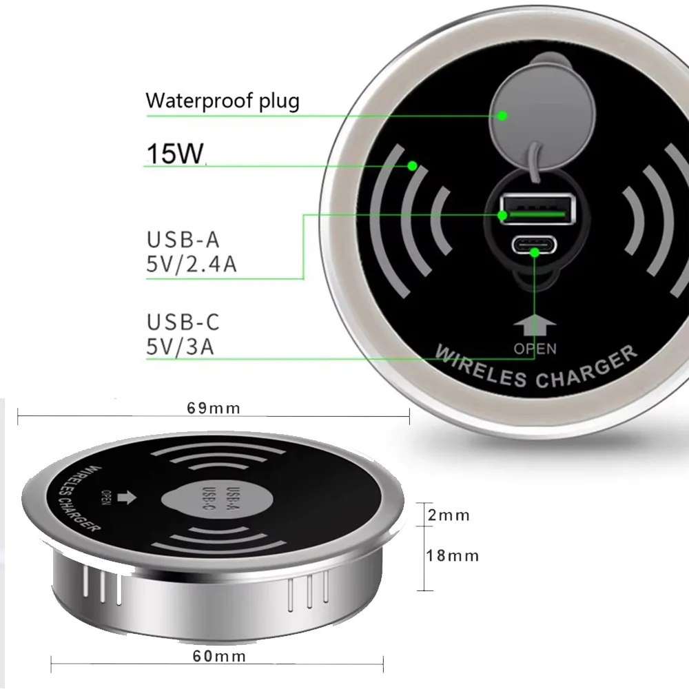 Pengisi daya nirkabel bebas instalasi, 60mm tidak terlihat di bawah meja, stasiun pengisi daya telepon 15W stasiun pengisian nirkabel untuk iPhone