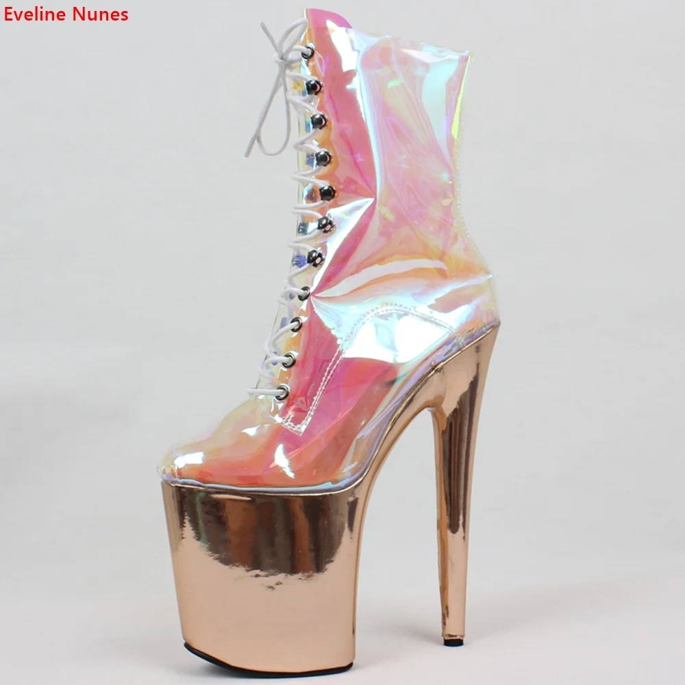 Transparent Catwalk Ankle Boots Women\'s Platform Stiletto 20cm Heel Cross Strap Round Toe Night Club Sexy Pole Dancing Shoes