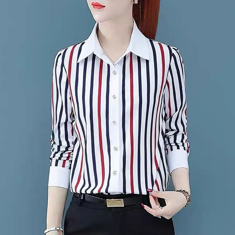 Vintage Striped Printed Business Casual Office Lady Button Up Shirt Spring Summer New Fashion Lapel Slim Blouse Top Women Blusas