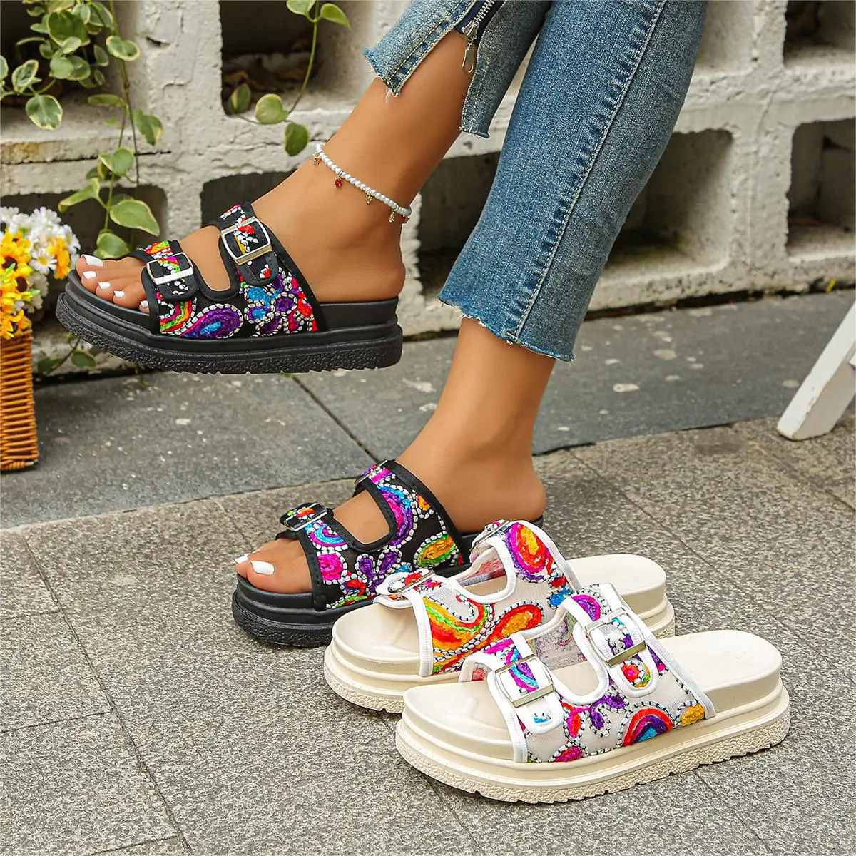 

Women Slippers New Home Platform Shoes Outdoor Beach Slippers Fashion Summer Double Buckle Lightweight Sandals Slides Women