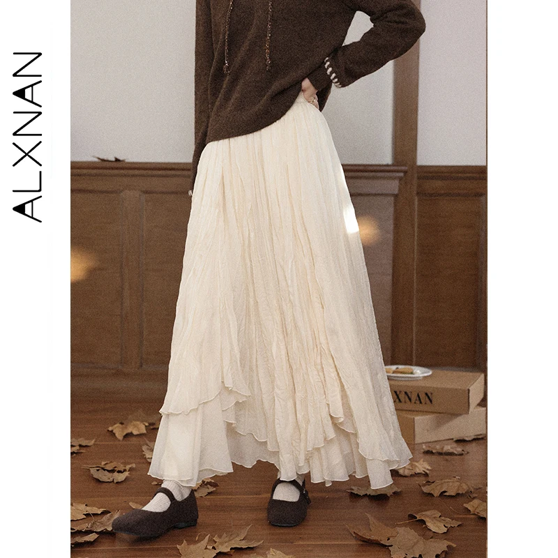 

ALXNAN Apricot Skirts Autumn Pleated Multi-layer Lightweight Elastic Waist Long Skirt 2025 High-quality Woman's Clothing L57863