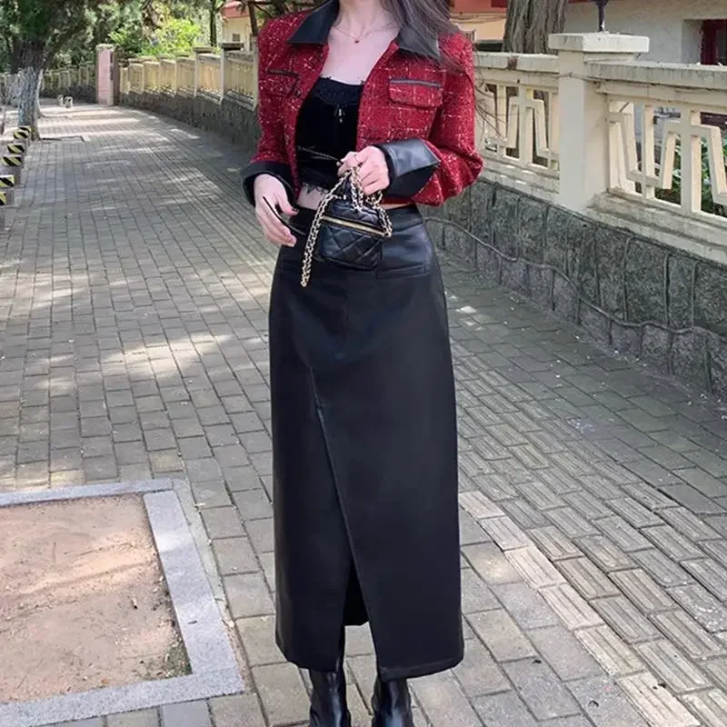 

Women's PU Leather Midi Skirt, High Waist, Wear, Luxury, Elegant, Black, Soft, Stretchy, Side Slit, Sexy, Irregular Skirts, 2022