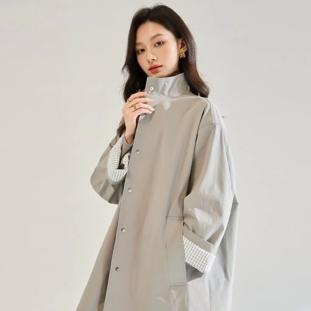 

Autumn New Lazy Style Stand Collar Loose Casual Midi Length Plaid Color Block Sleeve Caped Women's Windbreaker Coat