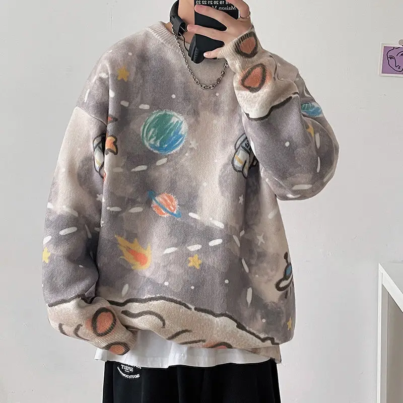 เสื้อสเวตเตอร์พิมพ์ลายสำหรับผู้ชายทรงหลวมเสื้อสเวตเตอร์ถักคู่แนวสตรีทฮิปฮอปแฟชั่นฤดูใบไม้ร่วงฤดูหนาว