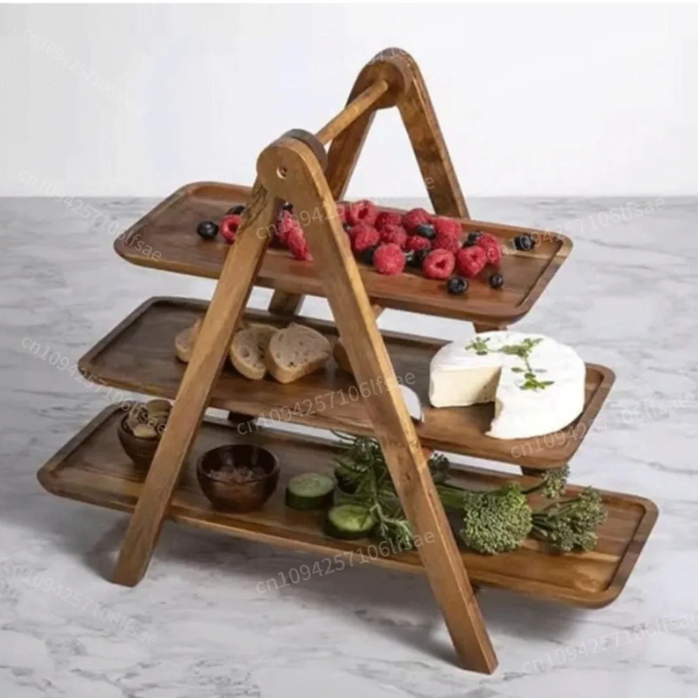 Rack de exibição de madeira para servir 3 camadas, bandejas de frutas e lanches, piquenique ao ar livre, acampamento, festa, sobremesa, decoração, quadro
