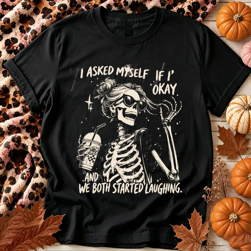 Messy Bun Skeleton Funny Sarcastic Halloween Graphic Tee Women Fall Short Sleeve Top Vintage Spooky Season Halloween T-shirts