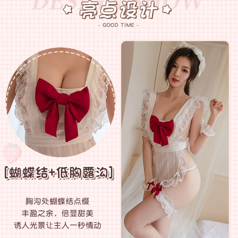 Plus Size Roleplay Maid Uniform Japanese Sex Lingerie Apron Maid Lace Uniform Cosplay Open Buttock Pajamas Night Clubwear Dress