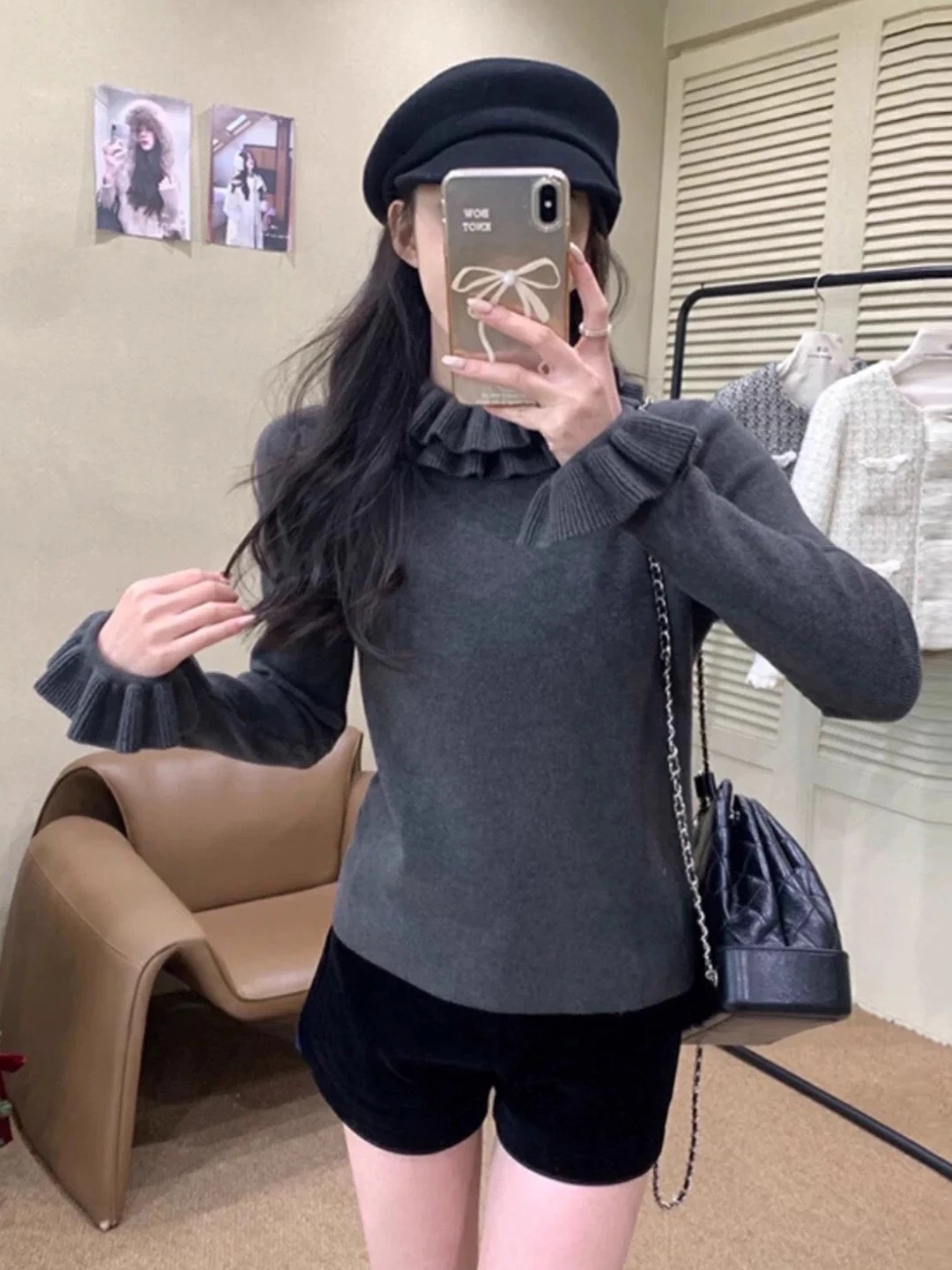 Trendy Hotsweet Girl Beige Knit Sweater For Women Scarf Collar Cold Shoulder Slim Fit Casual Street Jumpers Warm Bottoming Shirt
