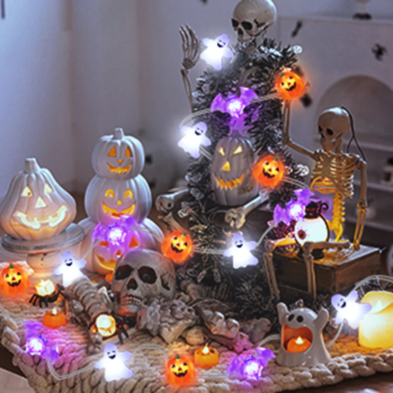 1PC Halloween Copper Wire String Light With Pumpkin Bat Ghost Hanging Fairy Lamp Battery Powered For Home Bedroom Festival Decor