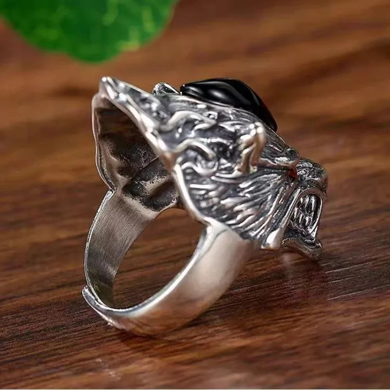 silver 925 stereoscopic carved handsomewolf head mens rings domineering trend rough retro black agate ring banquet jewelry gift view 4