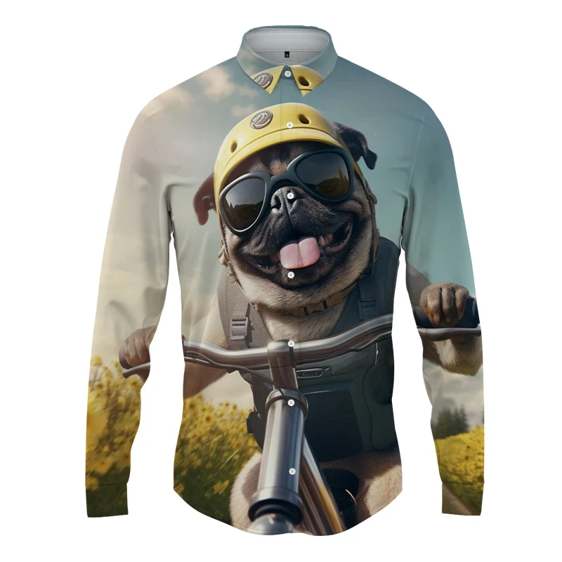 New Hawaiian Fashion High Quality Funny Dog Print Men's Shirts Casual Long Sleeve Men's Tops Shirt Man Clothes 2024 Men's Shirts