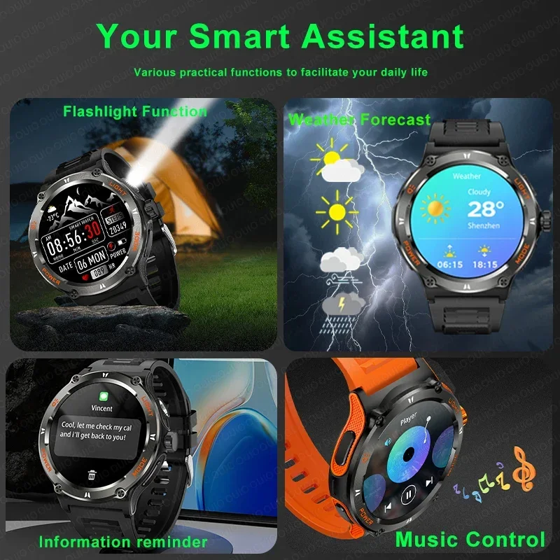 2024 New Men outdoor GPS Track Smart Watch 3ATM Waterproof 500Mah B attery LED Strong Flashlight Bluetooth Call Smartwatch + Box