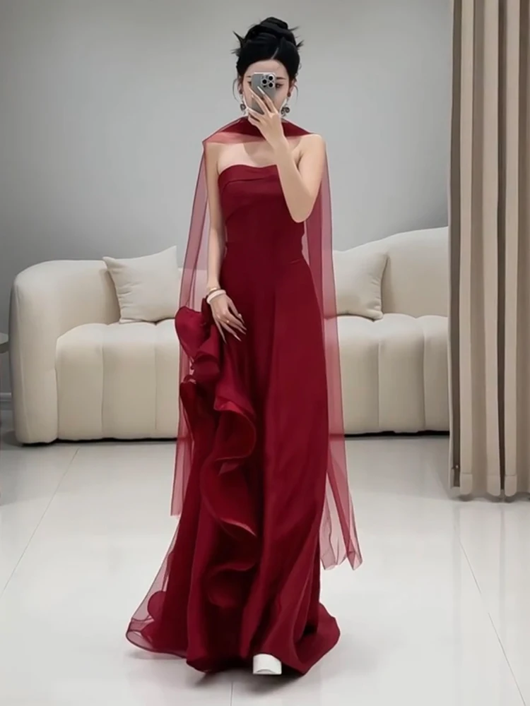 

Red Wedding Dr 2024 New Bridal Gown Ele Strapl Evening Gown Luxury Engagement Par Celebration Long Skirt