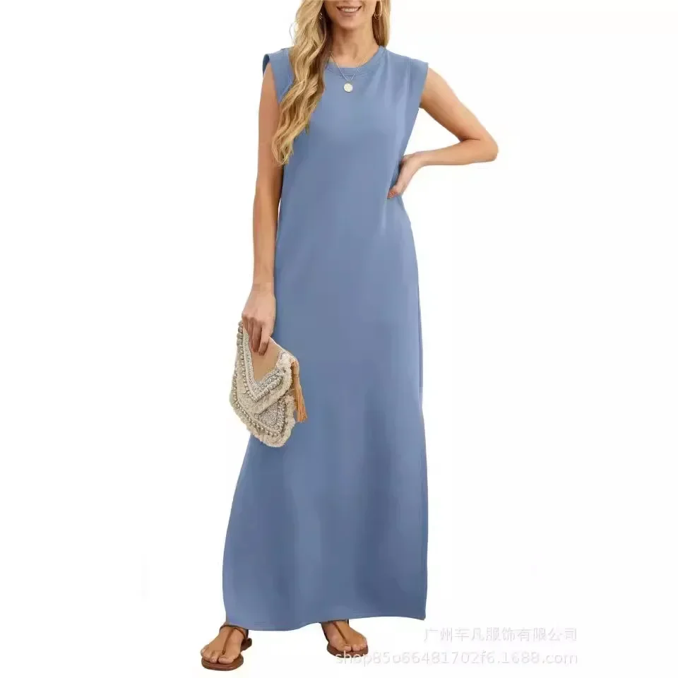 Women's Summer Casual Loose Long Dress Sleeveless High Waist Solid Color Slim Dress Ankle Length