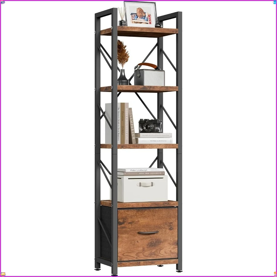 5-Tier Tall Narrow Industrial Bookshelf with Drawer, Freestanding Wood & Metal Bookcase for Office Study