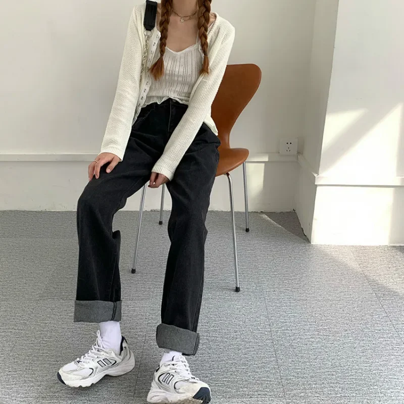 Women Black High Waist Oversized Denim Pants Vintage Wide Legs Straight Jeans 2023 Spring New Casual Long Trousers Korean Style
