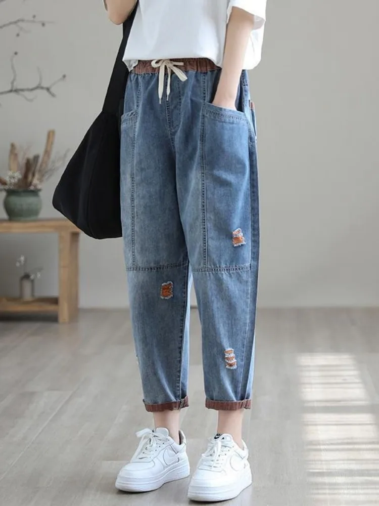women's-loose-fit-nine-tenths-jeans-summer-thin-sle-slimming-casual-large-size-harlan-pants-with-kets-thin-denim-skinnies