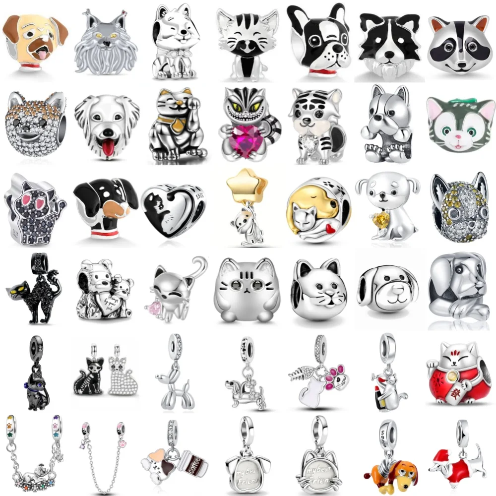 2026 Mais Vendido Prata 925, Pingente de Contas de Gato e Cachorro de Desenho Animado, Adequado para Acessórios DIY de Pulseiras Originais, Joias Requintadas