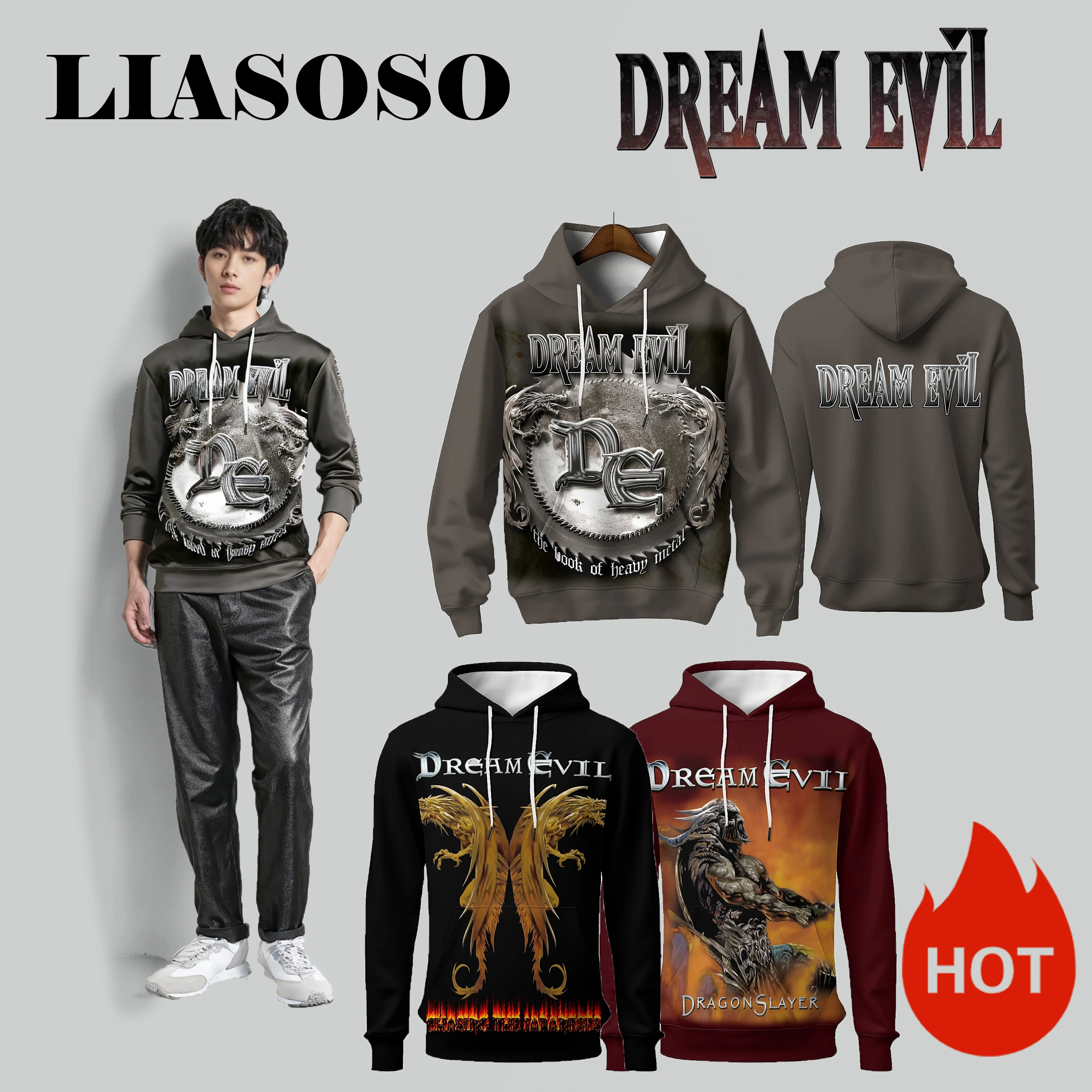 LIASOSO Dream Evil Band 3D Printed Hoodie Classic Metal Harajuku Style Pullover Sweatshirt for Men and Women Trendy Fashion Wear