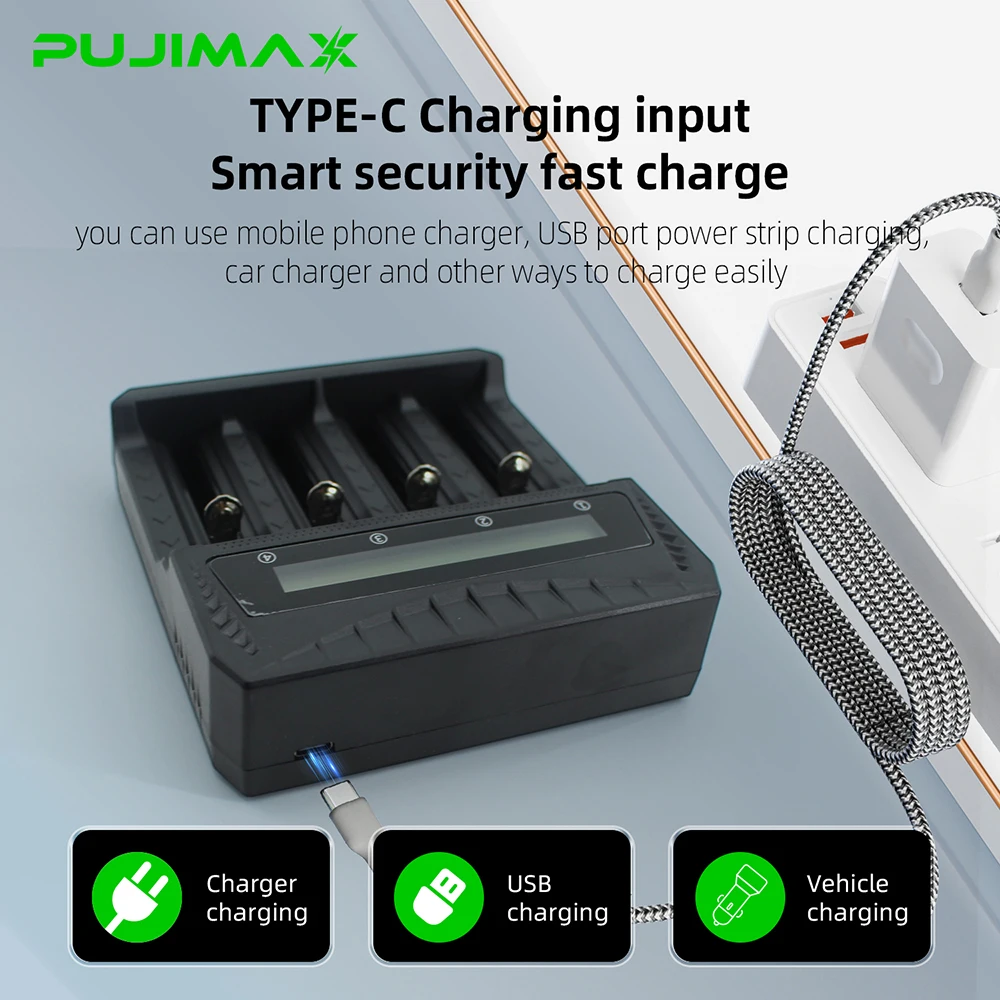 PUJIMAX 2/4 Slots Smart Charger LCD Display Charger for AA/AAA/18650/26650/14500/16340/18500/21700 Ni-MH Ni-Cd Li-ion Batteries