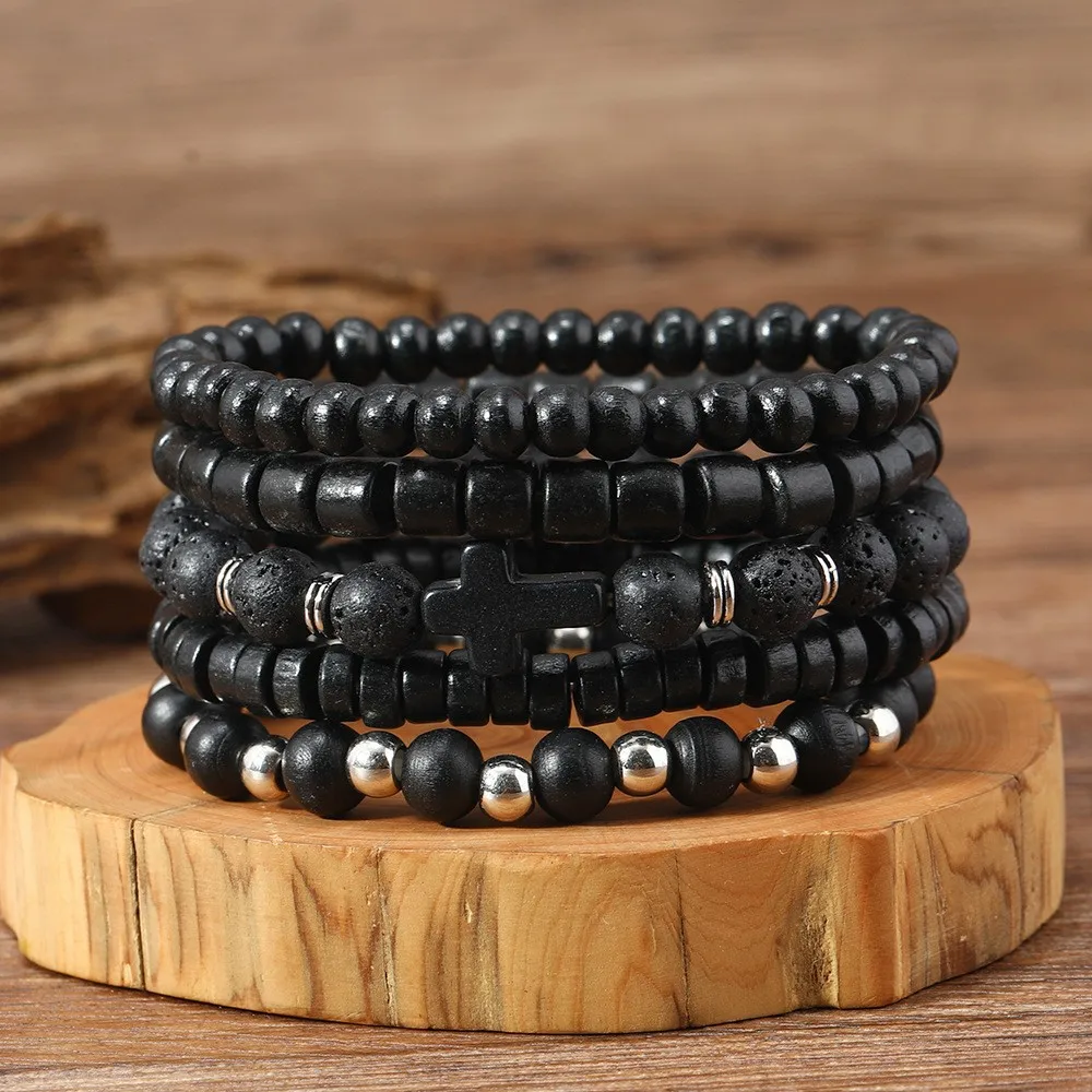 Multi-piece Set Wood Beaded Bracelet for Men Women Yoga Meditation Tree of Life Cross Bracelets Couple Friends Jewelry Gift