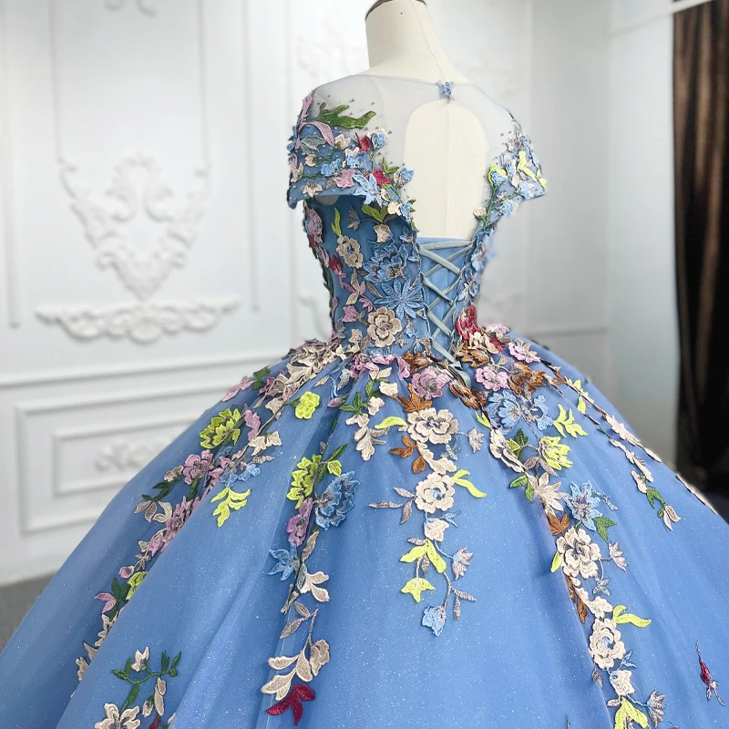 Robe de princesse Quinceanera personnalisée à manches courtes pour filles, col rond, Rhbrillant, bleu, fleurs, fête, Rh, éducatif