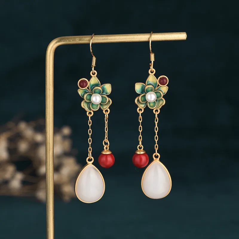 Hot China Style Earrings Green Flowers Long Tassel Chain Water Drop Hetian Jade Pearl Drop Earrings for Women Ear Jewelry Gifts