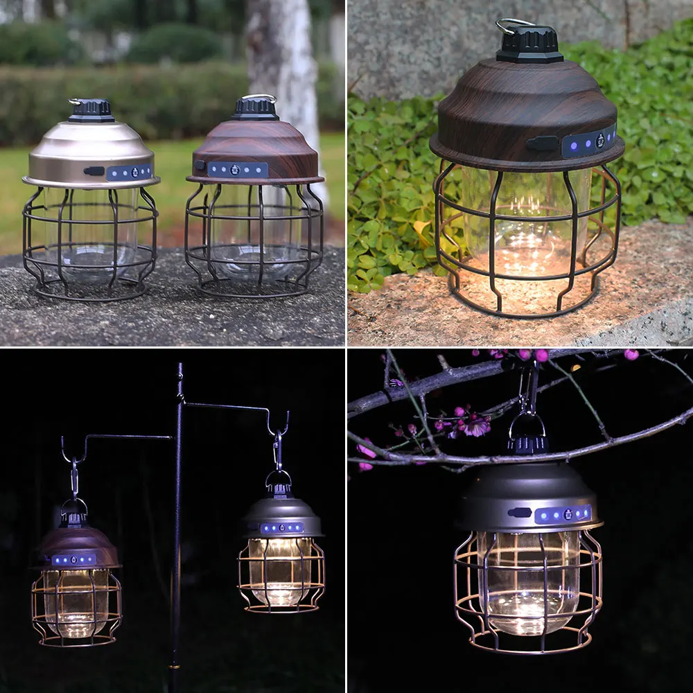 Vintage Metal Hanging Lanterns 3600mAh Battery Dimming Outdoor Retro Led Camp Lantern USB Rechargeable Lightweight Tent Light