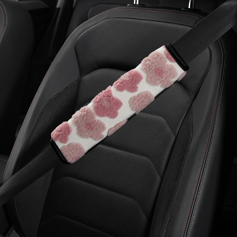 2PCS Flower Car Seat Belt Accessories Shoulder Cover with Lamb Fur 3D Embroidery 30cm Car Women's Interior Set