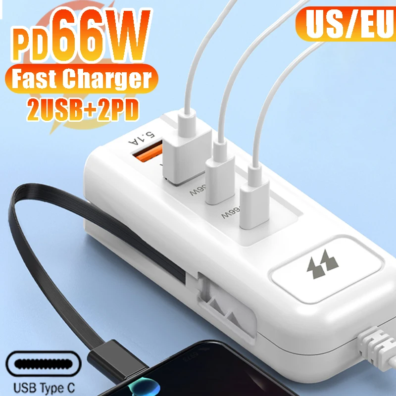 66W 4 Ports USB PD Mobile Phone Chargers Socket Type C High-speed Charging Extension Cable Cord QC3.0 Adapter with EU/US Plugs