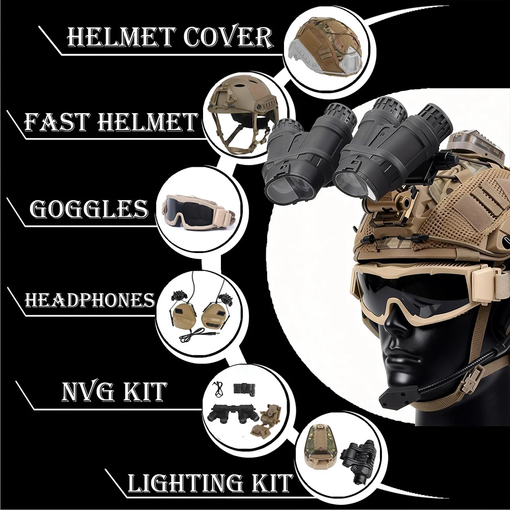مجموعة خوذة تكتيكية Airsoft Paintball خوذة واقية مع ضوء إشارة NVG دمية نموذج مصباح يدوي نظارات لاطلاق النار CS