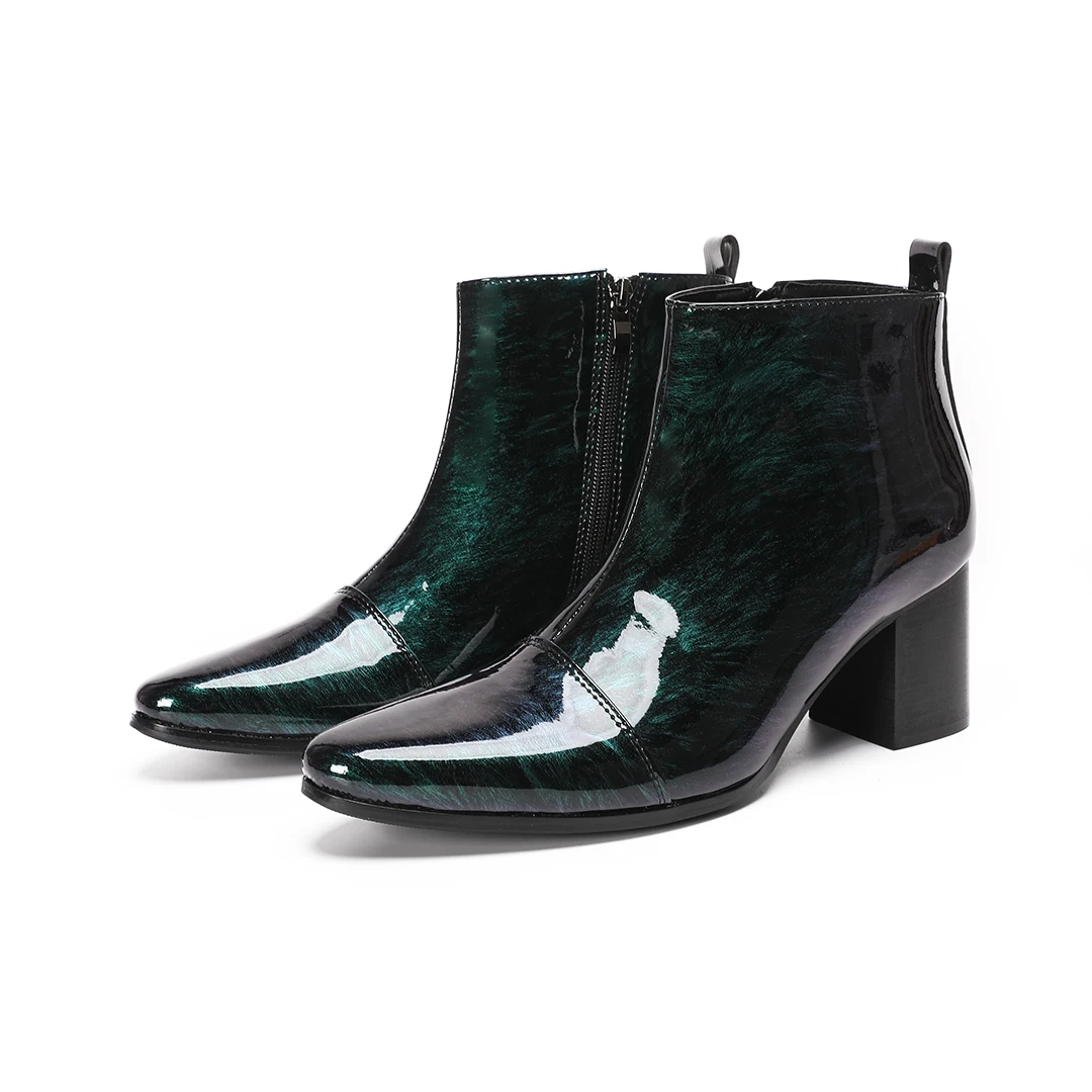 Fashion Pointed Toe Men Genuine Leather High Heel Ankle Boots Big Size Male Jazz Dance Stage Show Short Boots Club Party Shoes