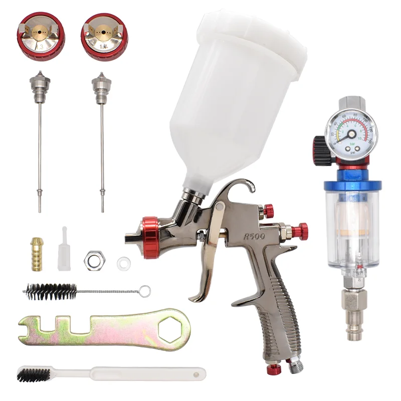 Pistol semprot R500 LVLP, kualitas tinggi 1.3/1.5/1.7/2.0mm nozel cat Airbrush dan Regulator udara pengukur Air pemisah minyak Filter