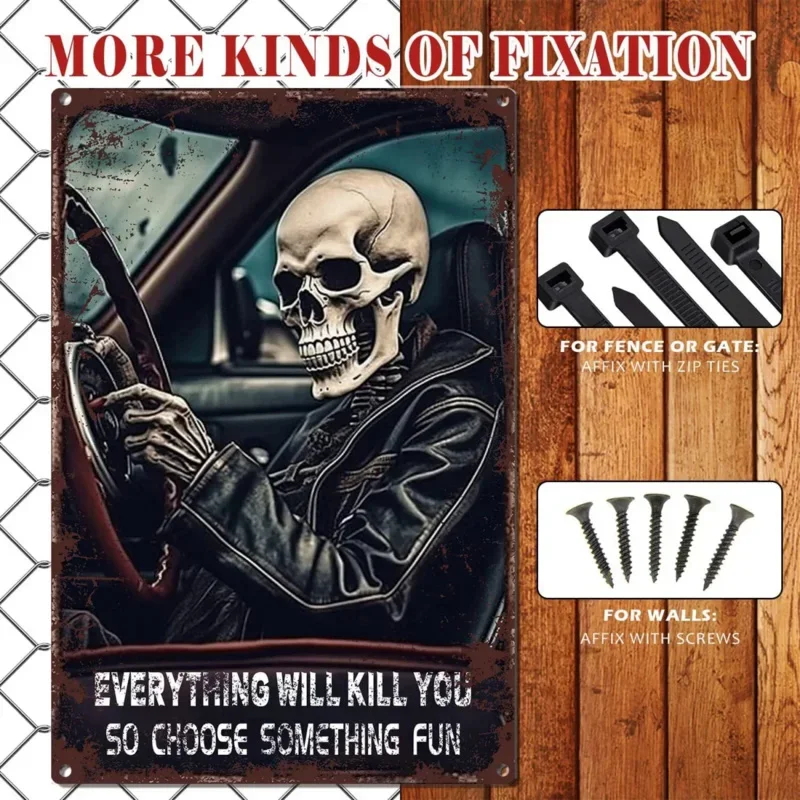 Tin Sign Skeleton Auto Racing Funny Novelty Metal Sign Retro Wall Decor for Home Gate Garden Bars Restaurants Cafes Store Pubs