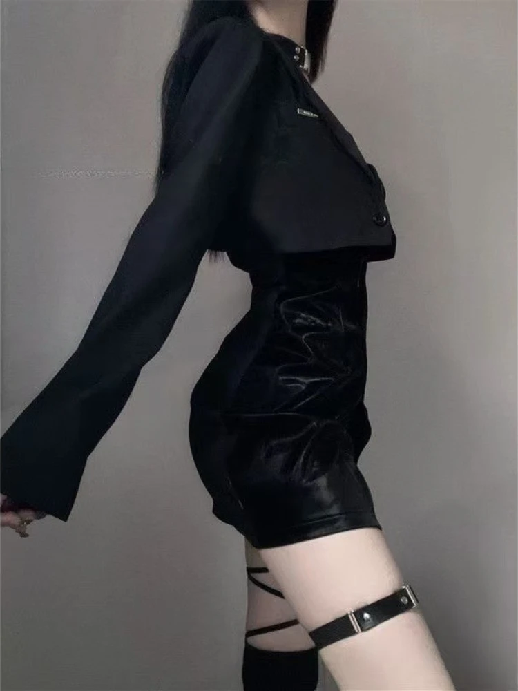 ハロウィン ゴシック ダークドレスセット レディース セクシー ブラック イレギュラー ミニドレス + ショートコート パンク グランジ ヴィンテージ パーティー Y2K スーツ 秋