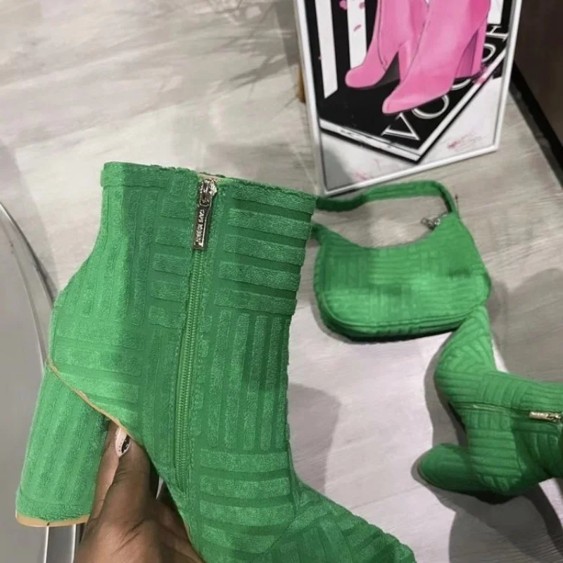 2023 New Women Luxury Brand Coarse Heel High Heel Fashion Green Towel Street Style Women\'s Boots Pointed Women\'s Boots Versatile