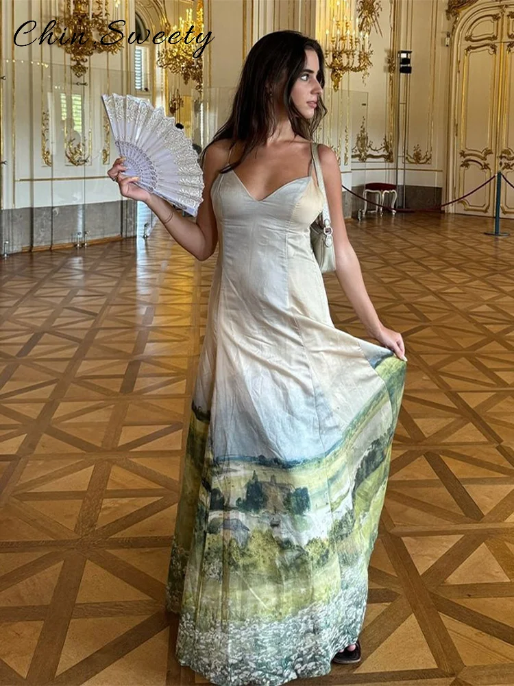 เซ็กซี่Tie Dyeชุดสลิงยาวผู้หญิงพิมพ์VคอBackless Maxiชุดหญิง 2025 ฤดูร้อนLady Beach Robes