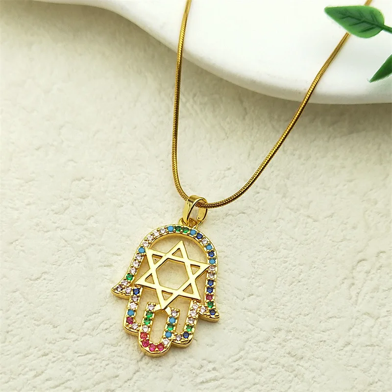 Women's Hamsa  Star of David Pendant Necklace AAA CZ Inlaid, Stainless Steel Chain for Faith Daily Wear