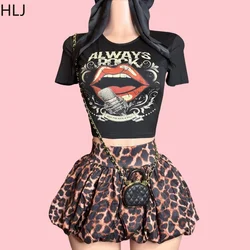 HLJ Y2K Leopard Print Puffy Mini Skirts Two Piece Sets Women O Neck Short Sleeve Crop Top And Skirts Outfits Fashion Streetwear