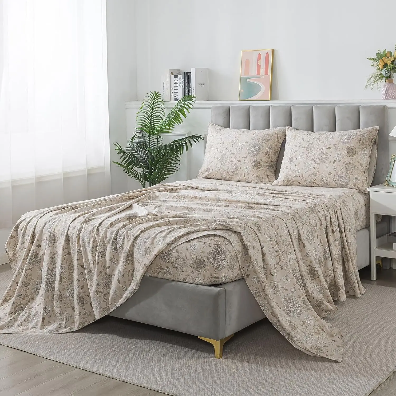 King Size 4-Piece Vintage Floral Bedding Set – Light Khaki, 100% Brushed Cotton, Hydrangea, Peony & Daisy Pattern