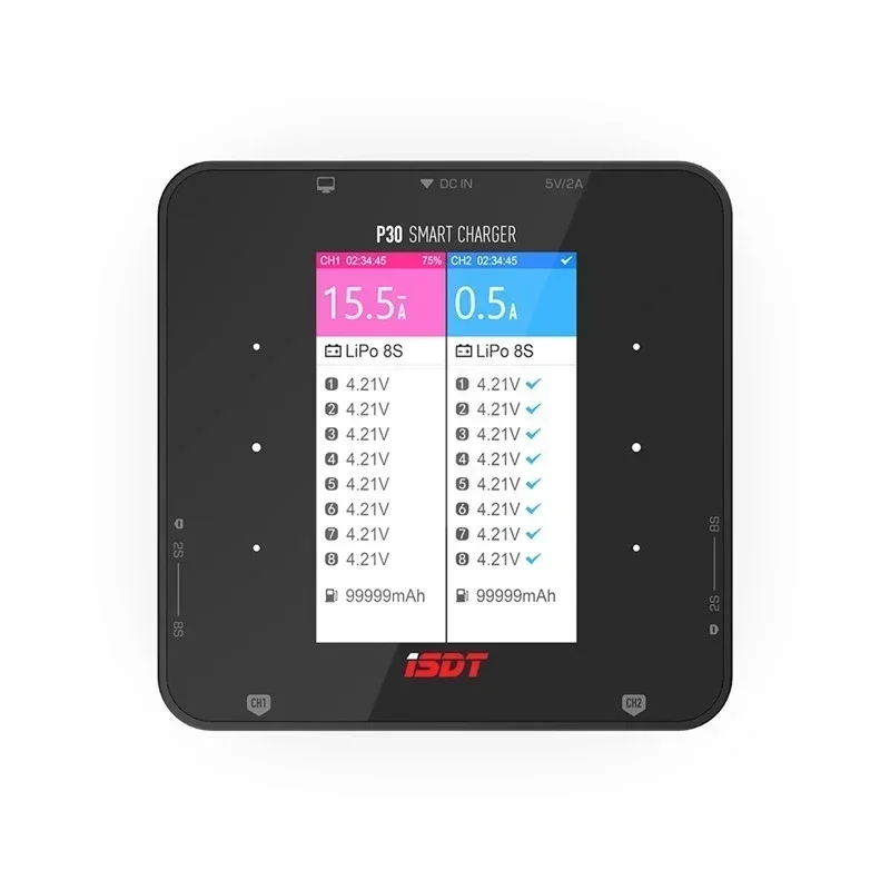 

ISDT P30 BattGo 1000WX2 30AX2 Двухканальная синхронизация Bluetooth — литий-ионная интеллектуальная батарея 1-8S со сбалансированной зарядкой/разрядкой
