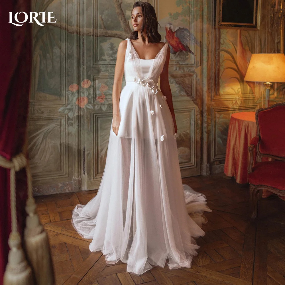 

LORIE Princess Wedding Dresses Tulle Illsion Beach Bridal Gowns Boat Neck Spaghetti Straps Boho Country Wedding Gown Customized