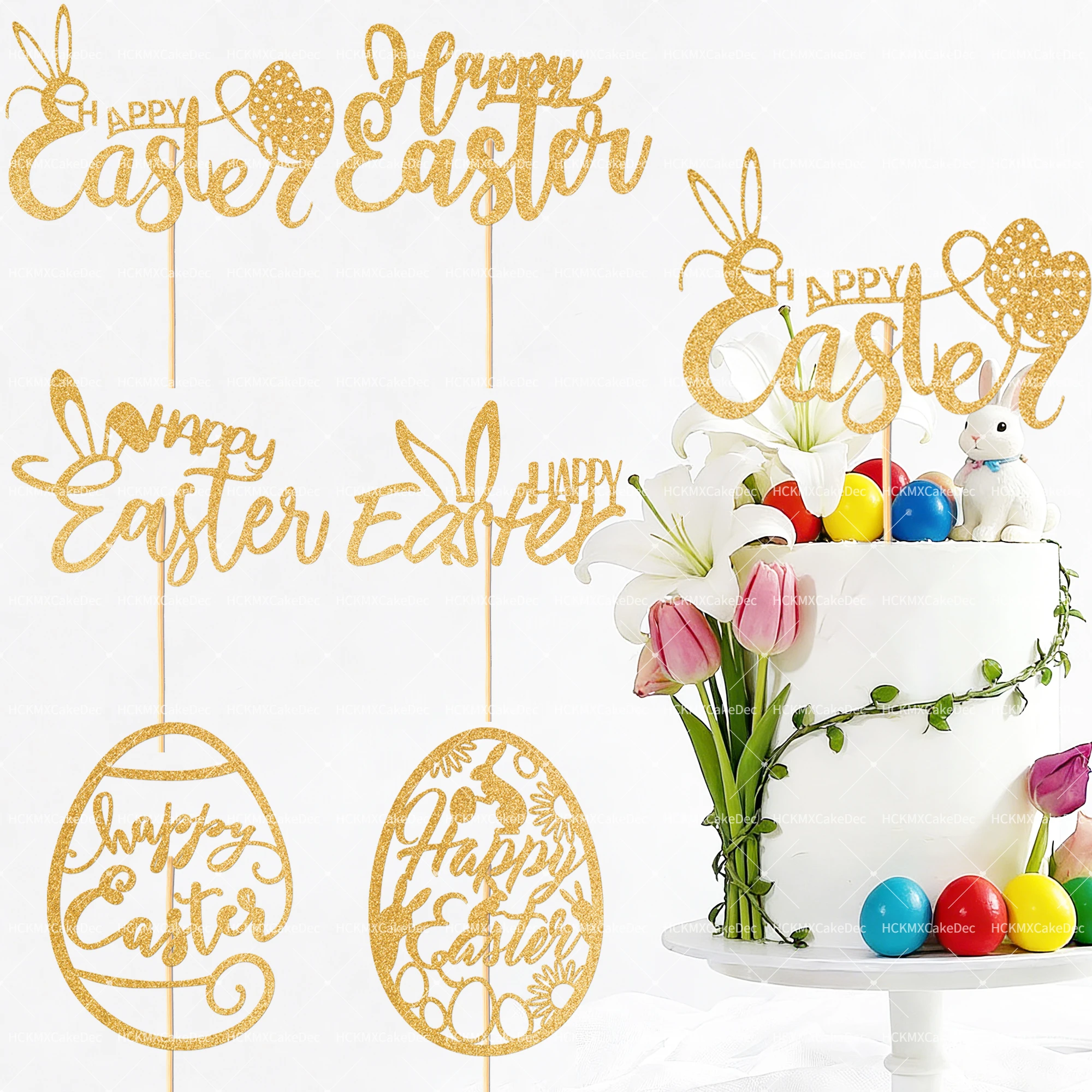 3 Stück/6 Stück Oster-Kuchendekoration Frohe Ostern Topper Hasenohren Ei-förmige Glitzer-Cupcake-Topper für Oster-Party Dessert-Deko