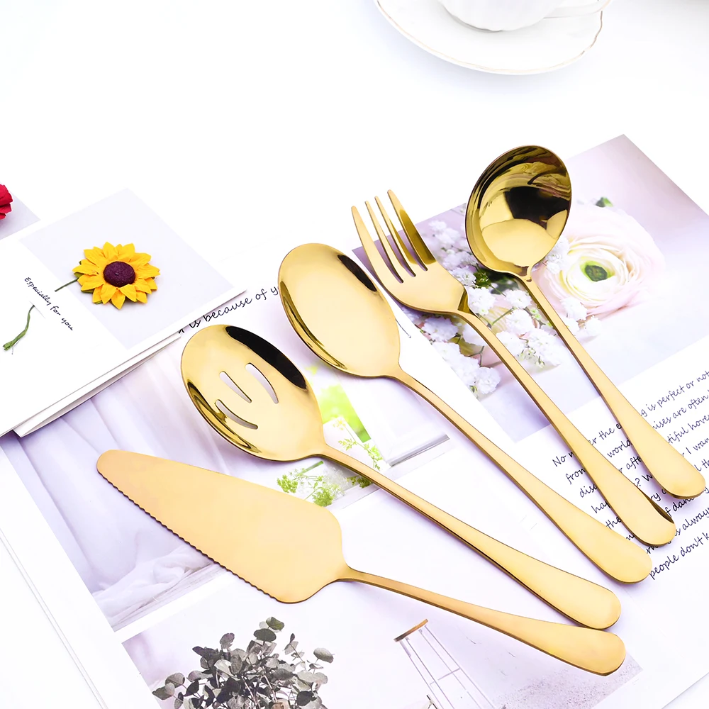 Drmfiy 5/7Pcs Gold Cutlery Serving Utensils Dinnerware Set Buffet Catering Flatware Serving Colander Spoons Fork Silverware Set