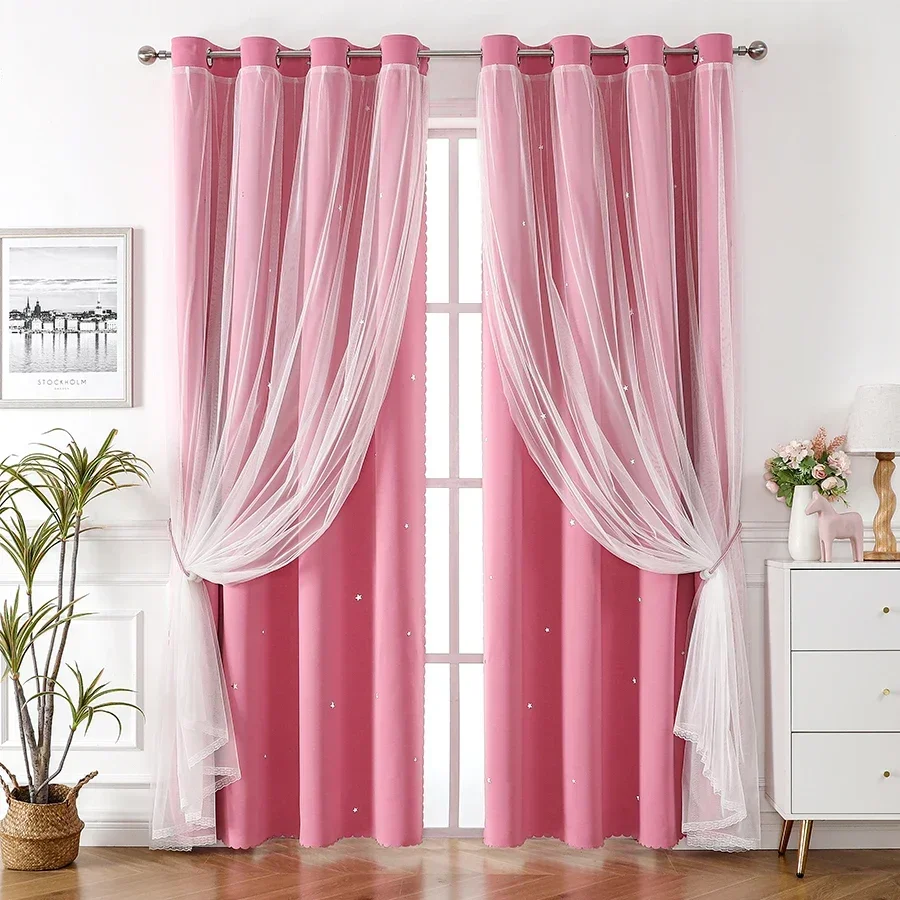 Star Curtains for Girls Bedroom Blackout Curtains Double Layer Sheer Overlay with Bowknot Lace for Kids Room Decor Princess Star