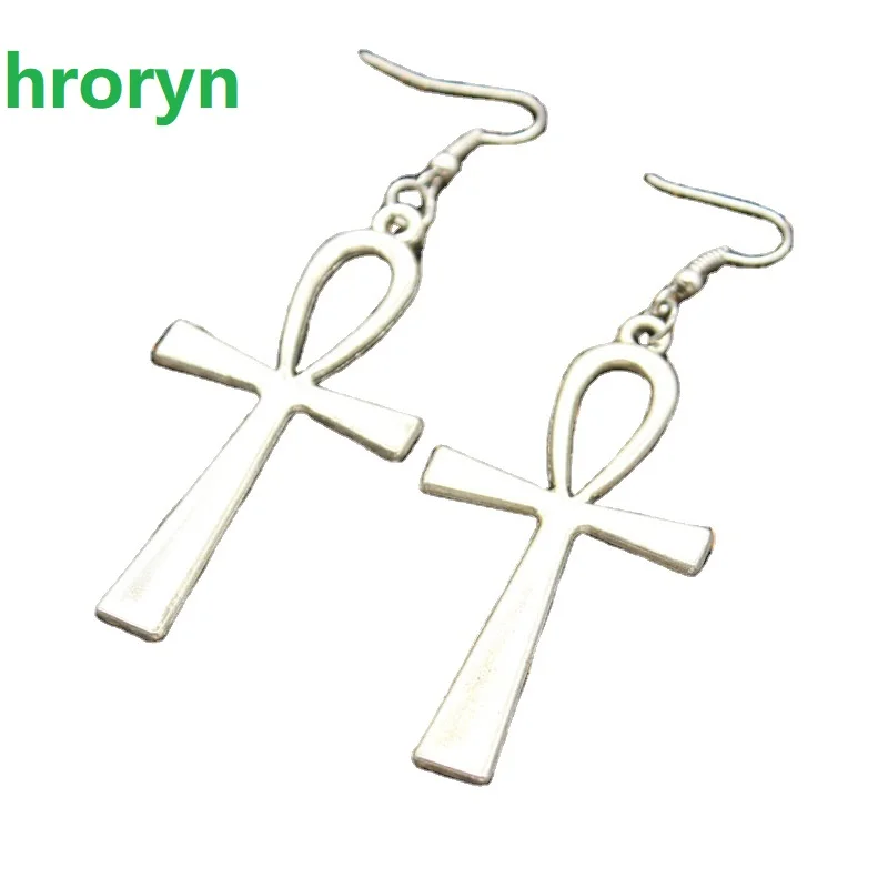 hroryn New Fashion Handmade Cross Egyptian Ankh Life Symbol Flower Cross Pendants Silver Color Earrings For Womens Style