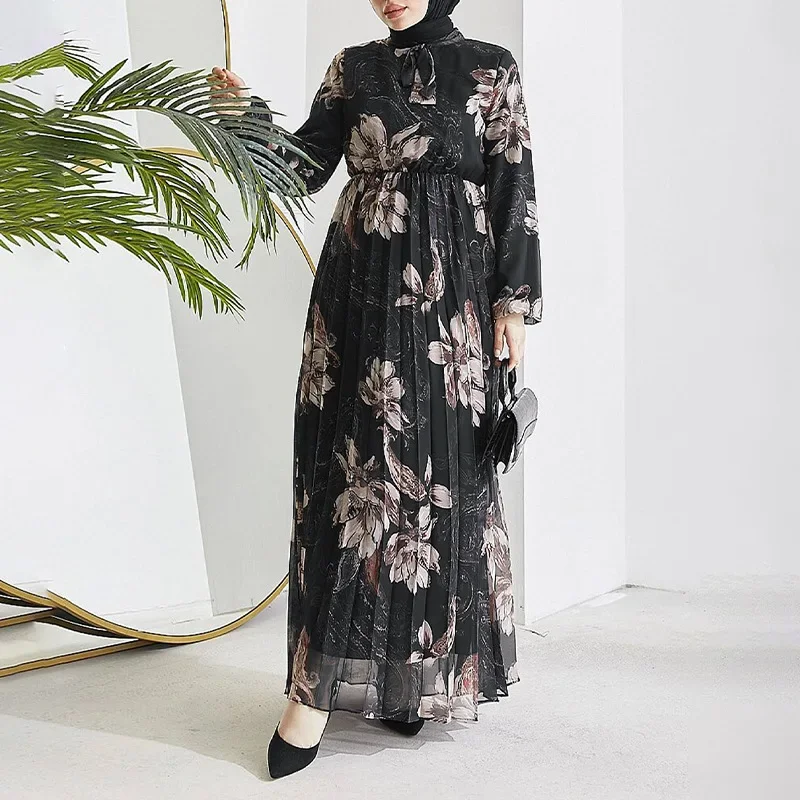 Muslim Jalabiya for Women Print Dresses Abaya Pleated Vestidos Eid Ramadan Abayas Islam Arab Dubai Long Robe Morocco Kaftan