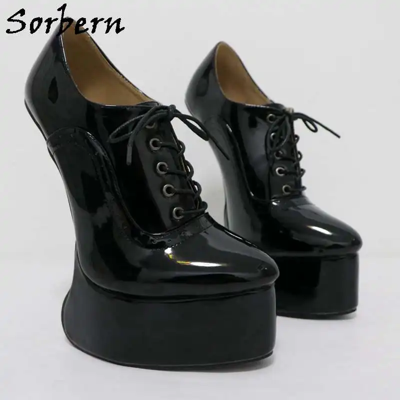 Sorbern Black Shiny Lace Up Bdsm Heelless Shoes 20cm High Heels Thick Platform Pump Patent Unisex Platform Shoes Plus Size 46