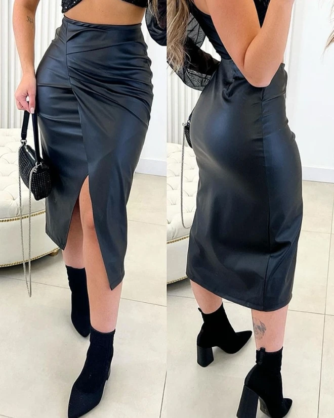 

Pu Leather Slit Pleated Skirt New Hot Selling Fashion Party Slit and Calf Elastic Waist Temperament Beautiful Dress