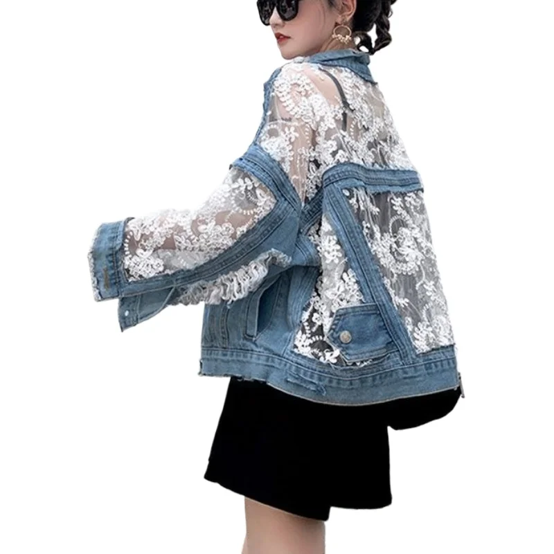Mesh Embroidery Hole Denim Jacket 2025 Summer Lace Stitching Girlish Top - Image 5